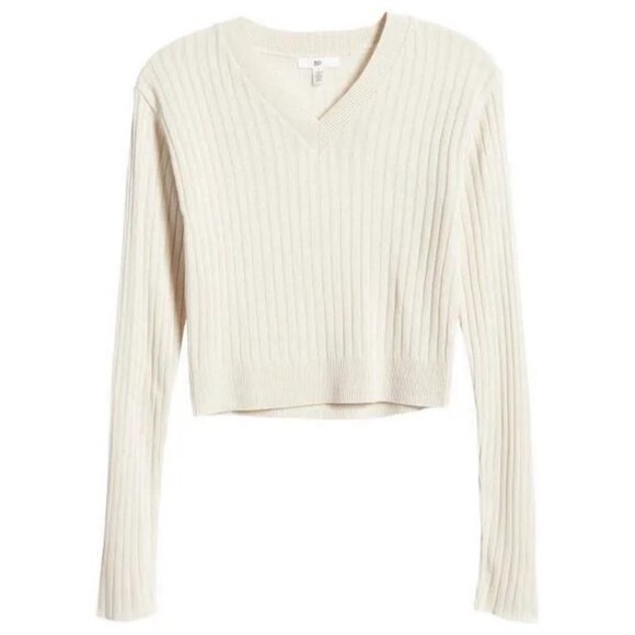 NEW Nordstorm BP Ribbed Crop Sweater Grey Size Large V-Neck Knit Made in USA L - Picture 3 of 11